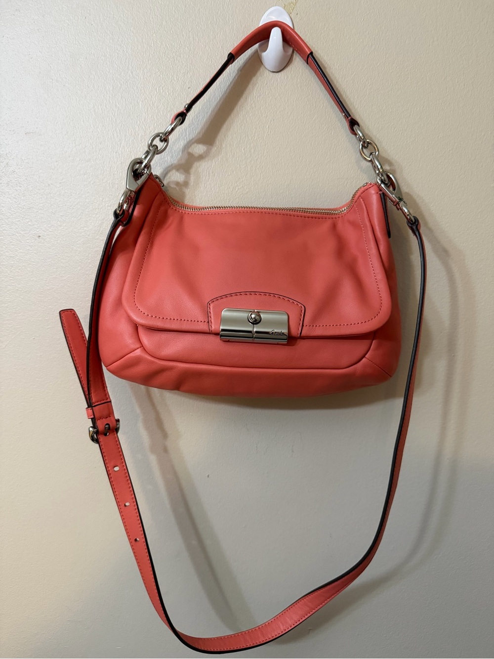 Coach Coral Leather Shoulder Bag with Silver Turnlock